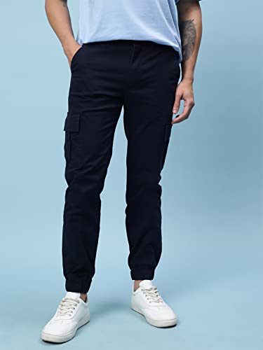 Image of Veirdo Cotton Spandex Non-Elasticated Mid Rise Navy Blue Ankle Length Joggers for Men (VJR0223NYCT016)