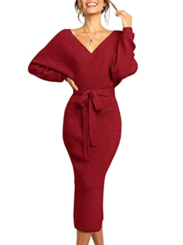 Image of Chang Yun Women's Long Maxi Sweater Dresses Sexy Wrap Batwing V Neck Slit Open Back Holiday Bodycon Dress with Belt