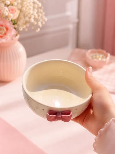 Image of The Deluxe Creations Ceramic Serving Bowl with Pink Bow | Handmade Soup & Dessert Bowl | Aesthetic Gift Bowl for Girls | Breakfast Cereal Bowl | 500 ML