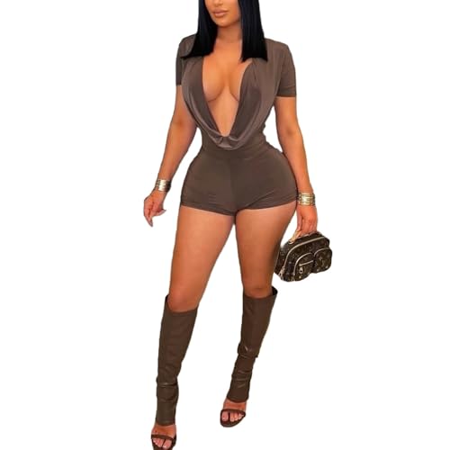 Image of Molilove Sexy Romper for Women Short Sleeve Deep V Neck Bodycon Short Jumpsuit One Piece Y2K Party Clubwear