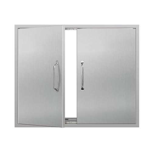 SGOLAN Outdoor Kitchen Doors 28W x 23H Inch Stainless Steel Doors, Access Door with Handles Double Access Cabinet Door, Flush Mount for Grilling Station, Outdoor Kitchens BBQ Island& Cabinet, Silver