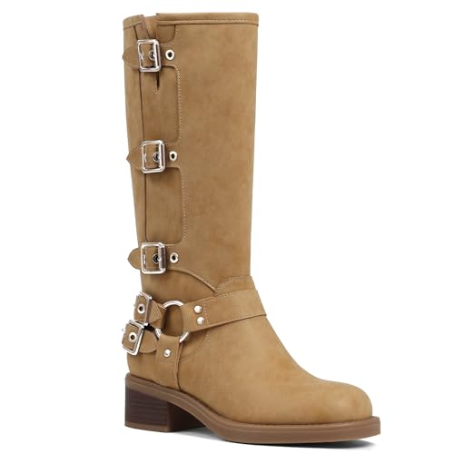 Image of AMINUGAL Knee High Boots Women Square Toe Pull On Wide Calf Riding Fashion Buckles Chunky Metallic Casual Vintage Buckle Rivet