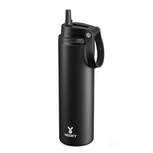 Meoky 24 oz Insulated Water Bottle: Flip-to-Pop Straw, Leak Proof, 24H Cold, Fits in Car Cup Holder, Wide Mouth, BPA-Free, Stainless Steel Water Bottle for Men Travel Sports School, Night