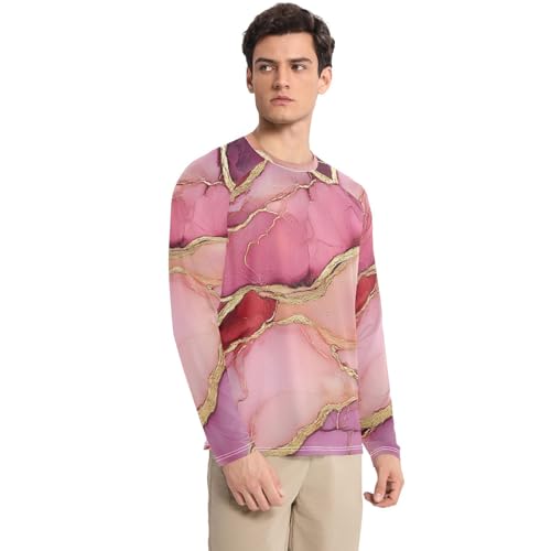 Marble Hot Pink Burgundy Men's Rash Guard Loose Crew Neck Long Sleeve UV Sun Protection Shirts Water Fishing3