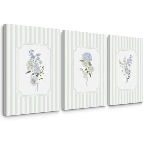 Blue Hydrangea Wall Art Floral Canvas Prints Sage Green Striped