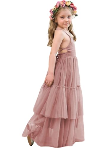 Boho Flower Girls Dress Tulle Backless Ruffle Girls Dress Beach Wedding Tiered Flowy Party Maxi Gown