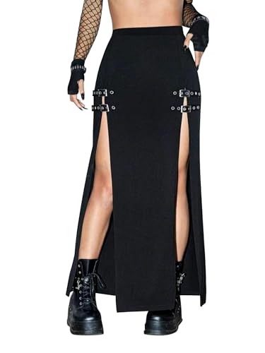 MATSUMIZUYU Black Punk Gothic Rave Maxi Skirts with Double Buckle Split for Women Long Goth High Waist Club Party Slit Skirt-M