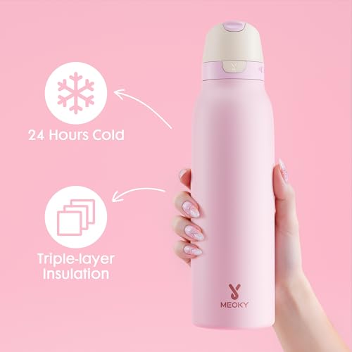 Image of Meoky 24 oz Stainless Steel Slim Water Bottle: Leak Proof Locking Lid, 2-in-1 Straw and Spout, 24 Hours Cold, Top Handle, Fits in Car Cup Holder, Insulated Water Bottle for Backpack, Blush
