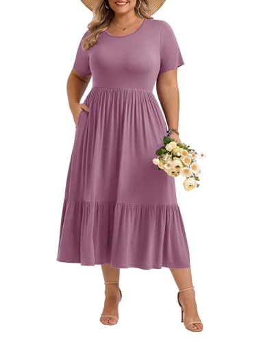 Image of LARACE Plus Size Dresses for Women Summer Casual Short Sleeve Long Dress Flowy Maxi Beach Dresses with Pockets L-6XL