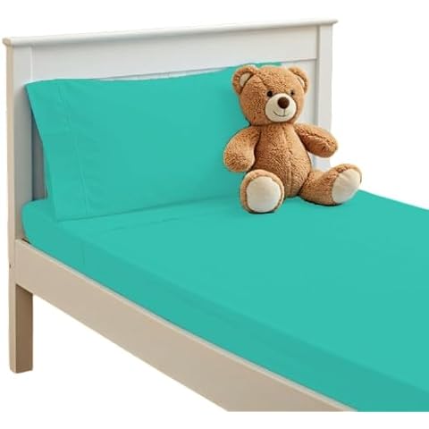 PLAIN PRINTED LINEN 3-Piece Toddler Sheet Set, 100% Cotton Fitted Sheet, Flat Sheet and Envelope Pillowcase, Toddler Bed Set,Crib Sheets Set,Mini Crib Sheets (Aqua Blue) Cover