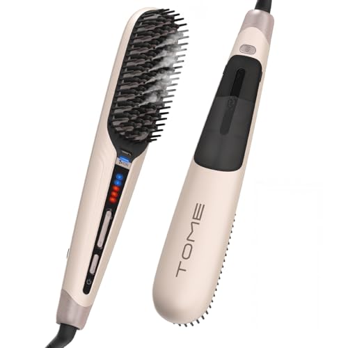 Tome Steam Hair Straightener Brush, 3-in-1 Ionic Straightening Comb with 2 Steam Levels, 3 Heat Settings (356°F–428°F), Dual Voltage 110-240V, Anti-Scald Design for Frizzy & Curly Hair Color Pink