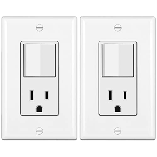 BESTTEN 2 Pack Combination Wall Light Switch and Decor Outlet Single Pole Rocker Switch 15A/120V Decorative Receptacle 15A/125V Combo Style Wallplate Included Side Wire UL Listed White