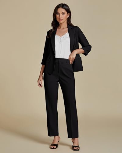 luvamia Pant Suits for Women Dressy 2 Piece Business Casual Outfits 3/4 Sleeve Blazer Straight Leg Pant Sets Office Work2