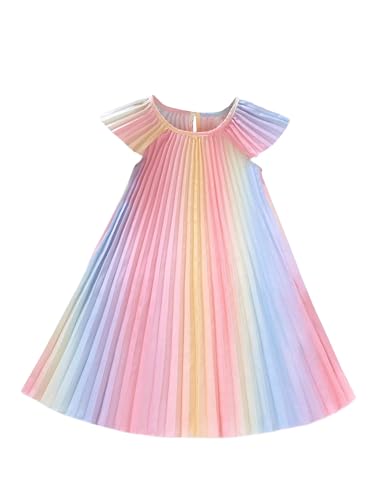 Verdusa Girl's Color Block Long Pleated Dress Short Sleeve Crew Neck A Line Midi Dresses