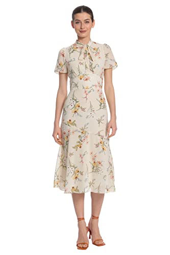Image of Maggy London Women's Women's Dresses Floral Printed Neck Tie Short Sleeve Midi Dress