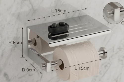 Image of Premium Stainless Steel Toilet Paper Holder with Mobile Phone Storage Shelf | Wall-Mounted Bathroom Tissue Roll Dispenser with Decor Tray | Chrome Finish Rustproof Organizer (Square CH44)