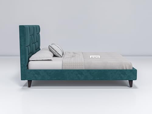 Image of Acacia Modern Upholstered King Size Bed for Bedroom | Wooden Double Bed | Platform Cot Bed with Upholstery Premium Fabric | 6.5 x 6 Ft, Sheesham Solid Wood | Brown, Turquoise