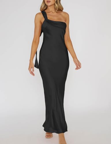 Image of 2026 Satin One Shoulder Maxi Dress for Women Summer Silk Formal Elegant Backless Ruffle Sleeveless Wedding Guest Dresses