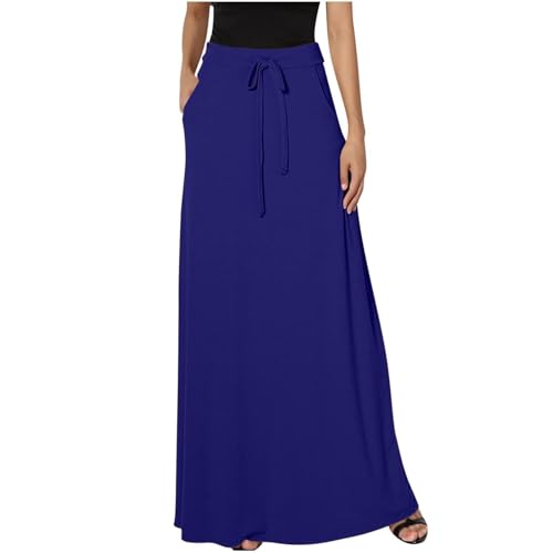 Womens Maxi Skirt Elastic Basic Solid Tie Dye Foldable High Waisted Midi Length Plus Size A-Line Skirts with Pockets(Dark Blue,X-Large)