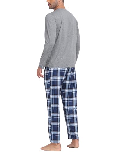 MoFiz Men's Pajama Set Soft Plaid Pants & Long Sleeve T-Shirt 2-Piece Sleepwear Loungewear Set Cozy Pjs for Men with Pockets3