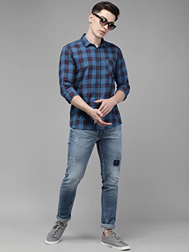 Image of VOI Jeans Men's Blue Slim Fit Checks Casual Shirt-VOSH1685-Shirt