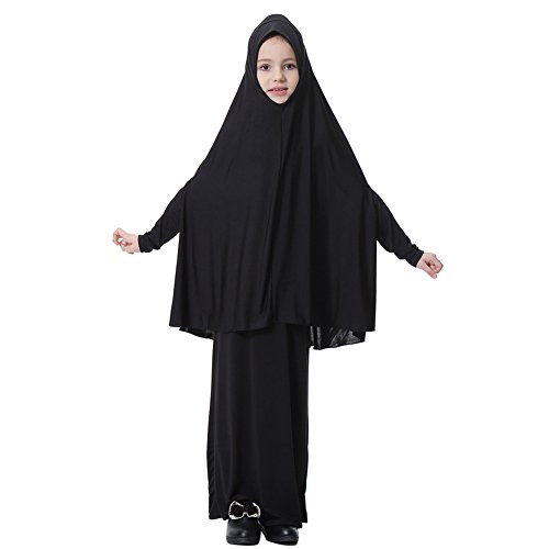 Minuya Kaftan Dress for Girls, Islamic Muslim Full Length Solid Color Abaya Dress Arab Prayer Set for Kids Girls Black