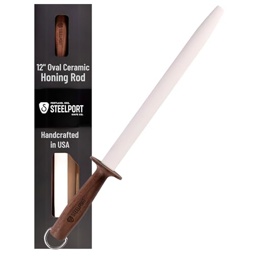 STEELPORT 12 inch Oval Ceramic Honing Rod | Professional Knife Sharpener Rod with Oregon Black Walnut Handle, Safety Guard | Premium Serrated Blade Sharpener For All Knife Types