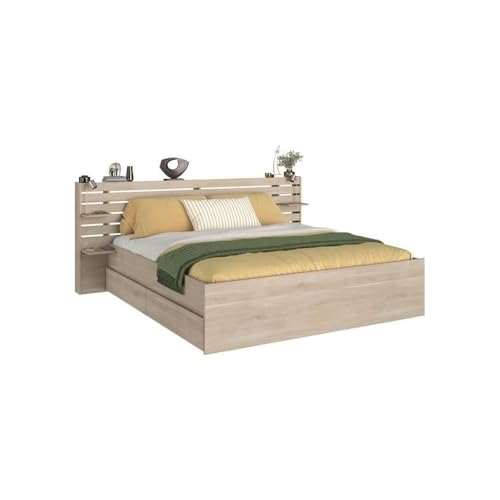 Parisot Lit Adulte ESCALE 180x200 cm - Décor Chene du Japon - 2 tiroirs + Tete de lit - L235.4 x H98,2 x P216,8 cm - Fabriqué en France