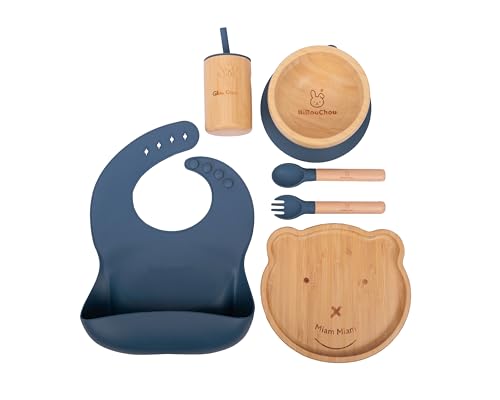 Set de Vaisselle Bébé en Bambou & Silicone Bleu – BiBouChou – 6 Pièces