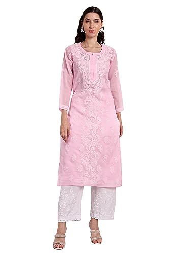 Image of Seva Chikan Hand Embroidered Lucknowi Chikankari Appricot Cotton Kurta Kurti for Women SCL4321