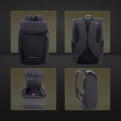 Image of SWISS MILITARY Black & Gold Collection Gazebo Laptop Backpack, PU Coated Water-Resistant Material,15.6 inch Laptop, 180 Openable Compartment & Quick Access & Anti-Theft Pocket with Trolley Strap, (21L)
