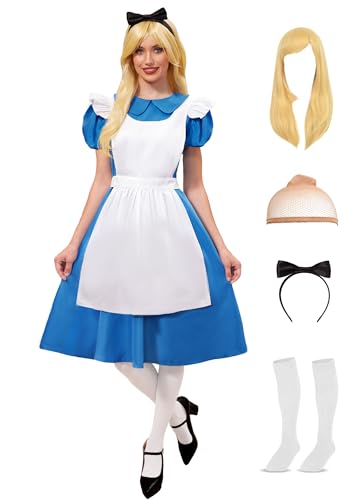 Women Princess Aliec Costume Halloween Cosplay Blue White Puff Sleeve Mini Dress with Wig Apron Headband Socks S