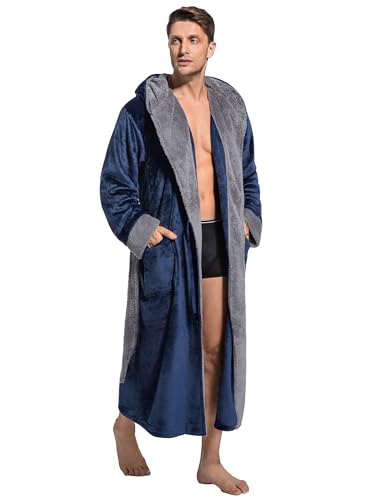 Mens Hooded Robe Ultra Soft Fluffy Flannel with Big Pockets Luxurious House Coat Fleece Plush Calf Length Bathrobe3
