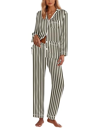 Image of Ekouaer Pajamas for Women Silk Satin Button Down Long Sleeve Pajama Sets