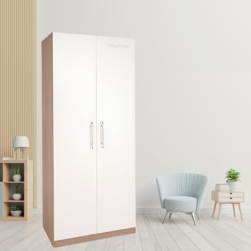 Image of AAVATAR 2-Door Wood Wardrobe with Shelves and Hanging Space for Bedroom, Wardrobe for Clothes, 2 Door Without Mirror (Colour - White & Yellow, Size 75 X 30 X 19 Inch)