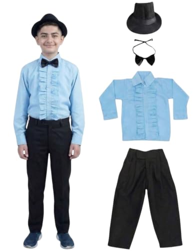 Image of BookMyCostume Ballroom Western Dance Costume for Kids - Includes Frill Shirt, Black Pant, Hat & Bow Tie Set | Fancy Dress Outfit for Stage Performance, Themed Parties, Annual Day & Birthday Events