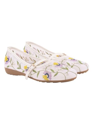 Image of Shoetopia Women'sFloral Embroidered Mary Jane Flats - Elegant Mesh Ballerinas with Adjustable Buckle Strap