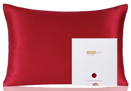 ZIMASILK 100% Pure Mulberry Silk Pillowcase for Hair and Skin Health,Soft and Smooth,Both Sides Premium Grade 6A Silk,600 Thread Count,with Hidden Zipper,1pc (King 20''x36'',Red)