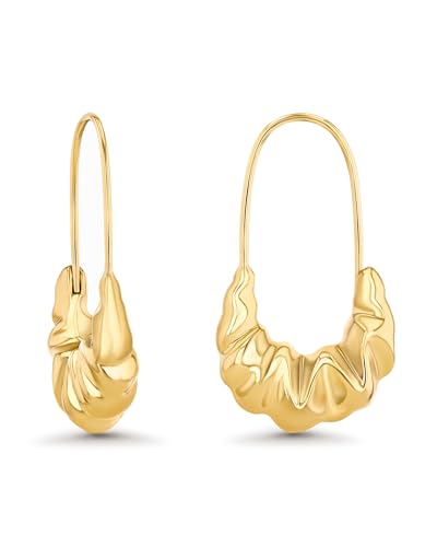 Large Gold Chunky Circle Drop Hoops Statement Earrings for Women by SNGIA, Bold Long Handmade Exaggerated Irregular Wavy Trendy Ribbed Jewelry Gifts, Curved Purse Bag Shape Textured Summer Beach Fashion Earrings Accessories, Big Oval Vintage Hammered Thick Circular Nickle Free Dangle Earrings.