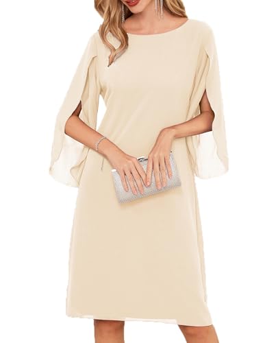 GRACE KARIN 3/4 Sleeve Dress for Women Classy Wedding Guest Dresses Chiffon Dressy Midi Cocktail Dress Beige 14