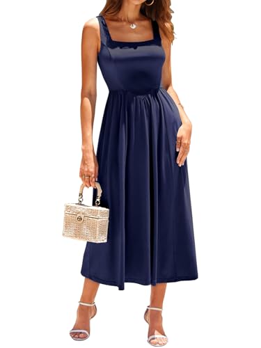 Image of Sureple Midi Dresses for Women 2026 Spring Square Neck Tank Sleeveless A Line Casual Summer Sundresses with Pockets
