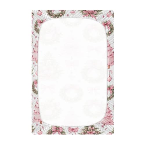 Image of Caikeny Fitted Crib Sheet for Boys Girls Christmas Wreath Tree Pink Bow Baby Crib Sheets Bassinet Sheets Crib Mattress Bed Sheets for Toddler Newborn Infant 52 X 28 in