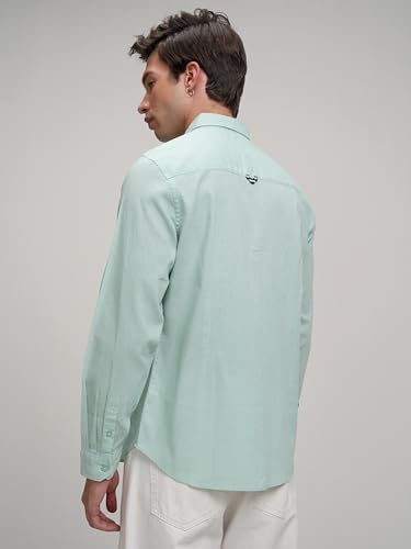 Image of Highlander Men's Blue Solid Slim Fit Casual Shirt | Sleek & Versatile | A Timeless Wardrobe Essential