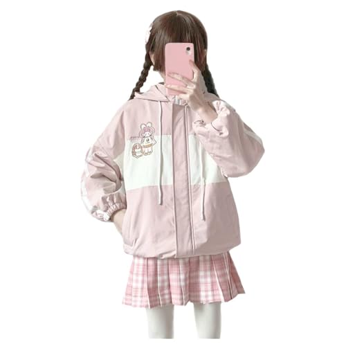 Himifashion Sudadera con capucha y cremallera para mujer, linda chaqueta kawaii con bordado de anime para niñas, chaqueta kawaii suelta para otoño e invierno (rosa (delgada), S), Rosa (fino), S