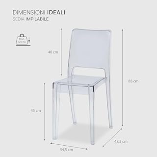 Baroni Home Set 4 Sedie Trasparenti, Sedie Impilabili Moderne, Leggere e Resistenti, Gommini Antiscivolo, Sala da Pranzo, 34,5x48,5x85 cm, Trasparente