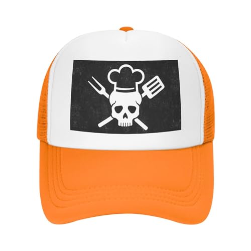 Skull-Chef Cooking Skull Trucker Hat Summer Mesh Cap with Adjustable Snapback Strap Unisex Orange