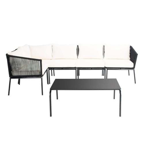 Image of DEVOKO Outdoor 3 Piece Rope Patio L-Shape Sofa All Weather Washable Cushion with Center Table for Garden, Pool, Deck, Balcony, Backyard (Black & Cream)