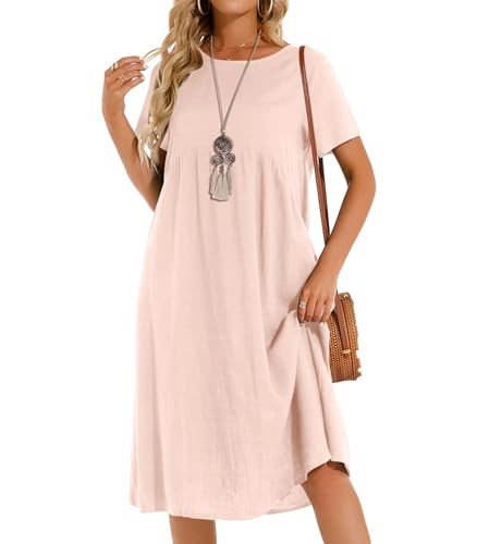 Sommerkleid Damen Leinen Kleider Casual V-Ausschnitt Midikleid Kurzarm A-Linie Kleid Strandkleid (E Rosa, M) 2