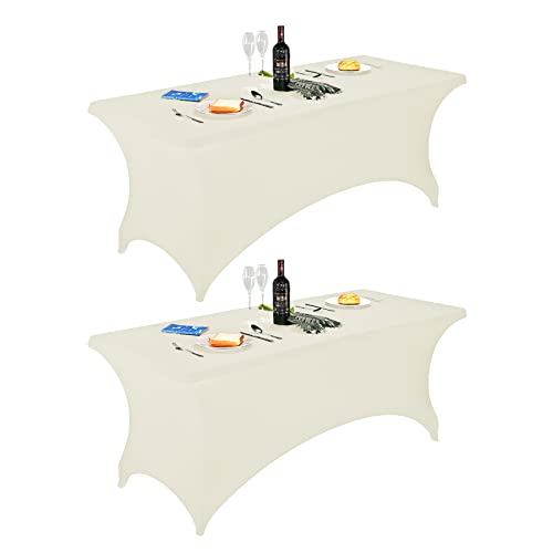 Image of FORLIFE 2Pack Spandex Table Covers,Fitted Tablecloth for Rectangular Tables, Stretch Patio Table Covers, Universal Spandex Table Cover for Wedding, Banquet, Party (6ft, Ivory)