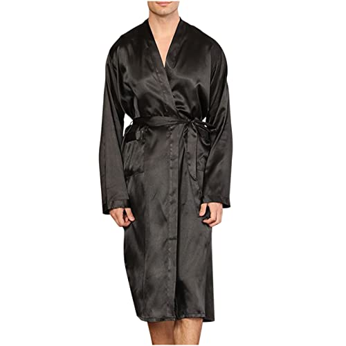 Men's Satin Kimono Robes Long Sleeve Long Spa Bathrobes Lightweight Comfy Luxurious Silk Loungewear With Pockets